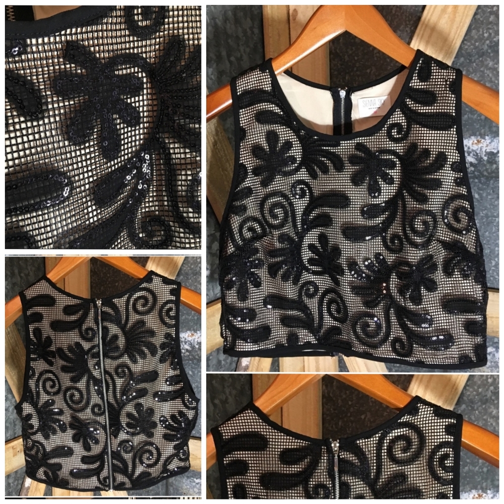Sienna Sky Womens  Black Nude Floral Mesh Crop Top
